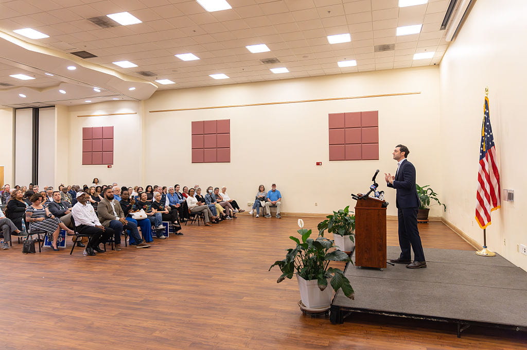 SAVANNAH, GA- February 20: Sen. Jon Ossoff (D-Georgia) speaks with supporters at the Ralph Mark Gilbert Civil Rights Museum on Friday, February 20, 2026 in Savannah, Ga. (Photo by Sam Wolfe for The Washington Post via Getty Images)