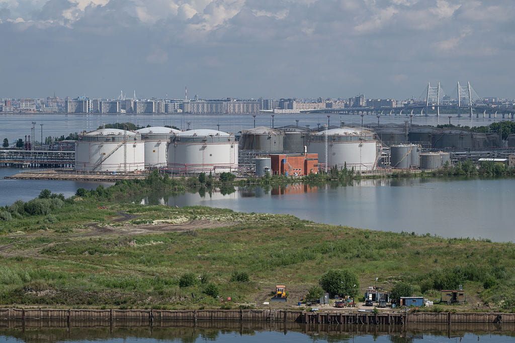 ST PETERSBURG, RUSSIA - 2026/07/04: Views of the St. Petersburg Oil Terminal, one of Russia's largest terminals for the transshipment and storage of petroleum products in the Baltic region. The terminal has been targeted in multiple drone attacks. (Photo by Stringer/SOPA Images/LightRocket via Getty Images)