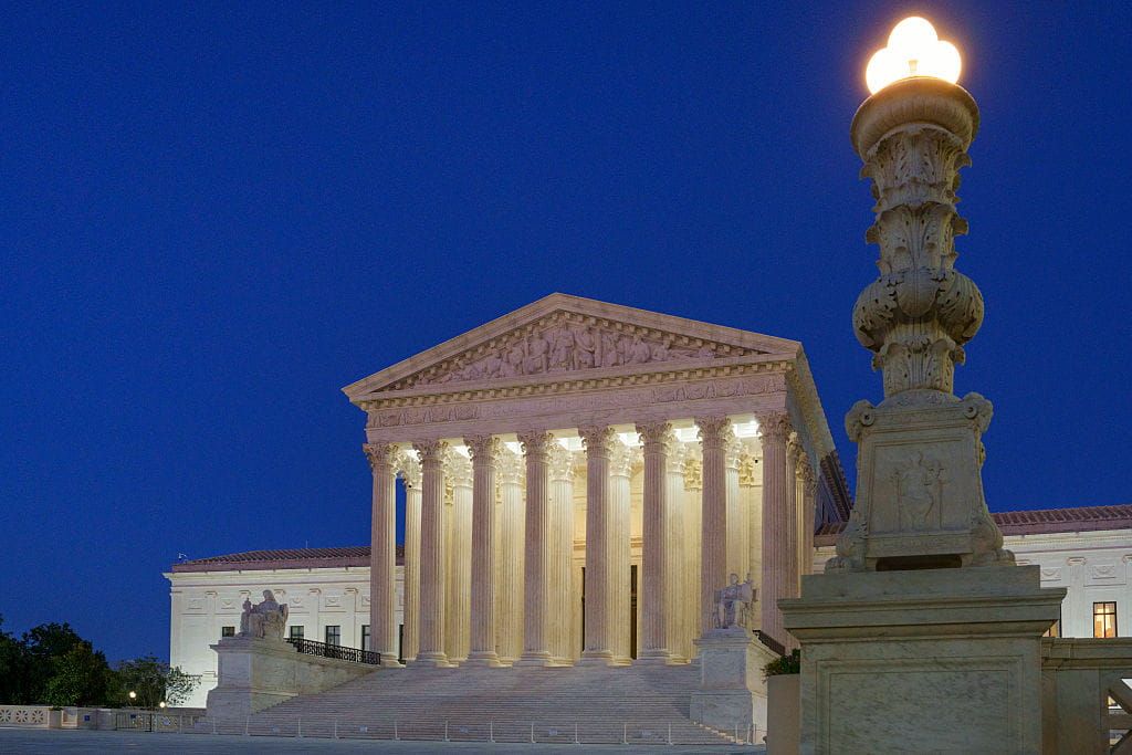 WASHINGTON, DC - SEPTEMBER 14: The front of the U.S. Supreme Court building is seen at twilight on September 14, 2026, in Washington, DC. (Photo by J. David Ake/Getty Images)